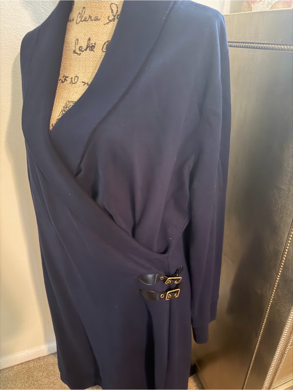 Ralph Lauren Navy Long Sleeve Wrap Dress with Buckle Accents